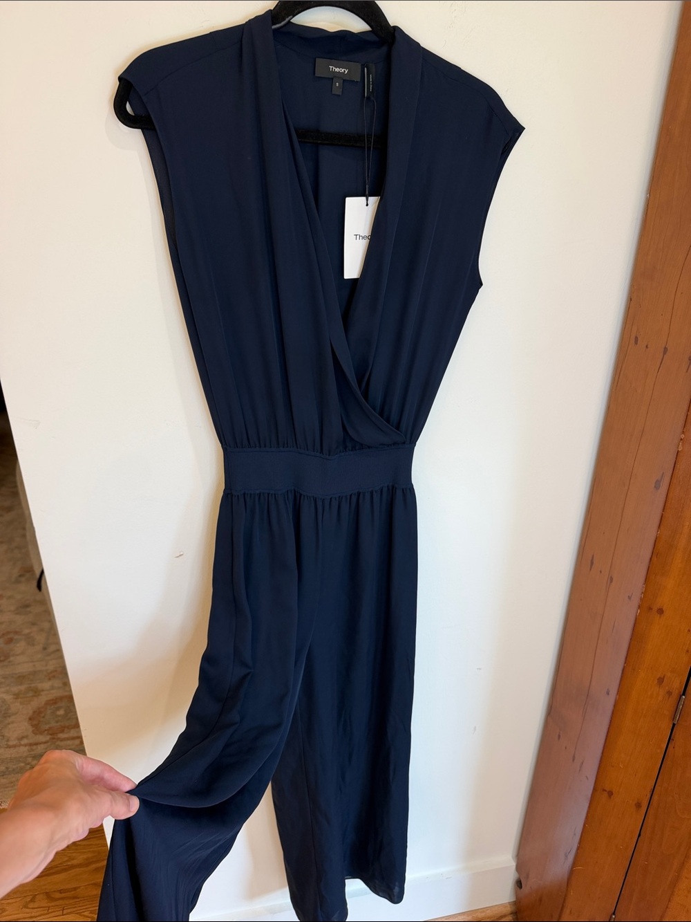 NWT Theory Navy 100% Silk Sleeveless Draped Jumpsuit w/Cropped Pants, S